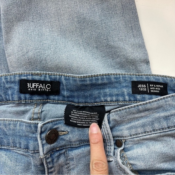 BUFFALO DAVID BITTON Rip & Repair Mid Rise Raw Hem Skinny Jeans in Light Blue - Picture 8 of 10